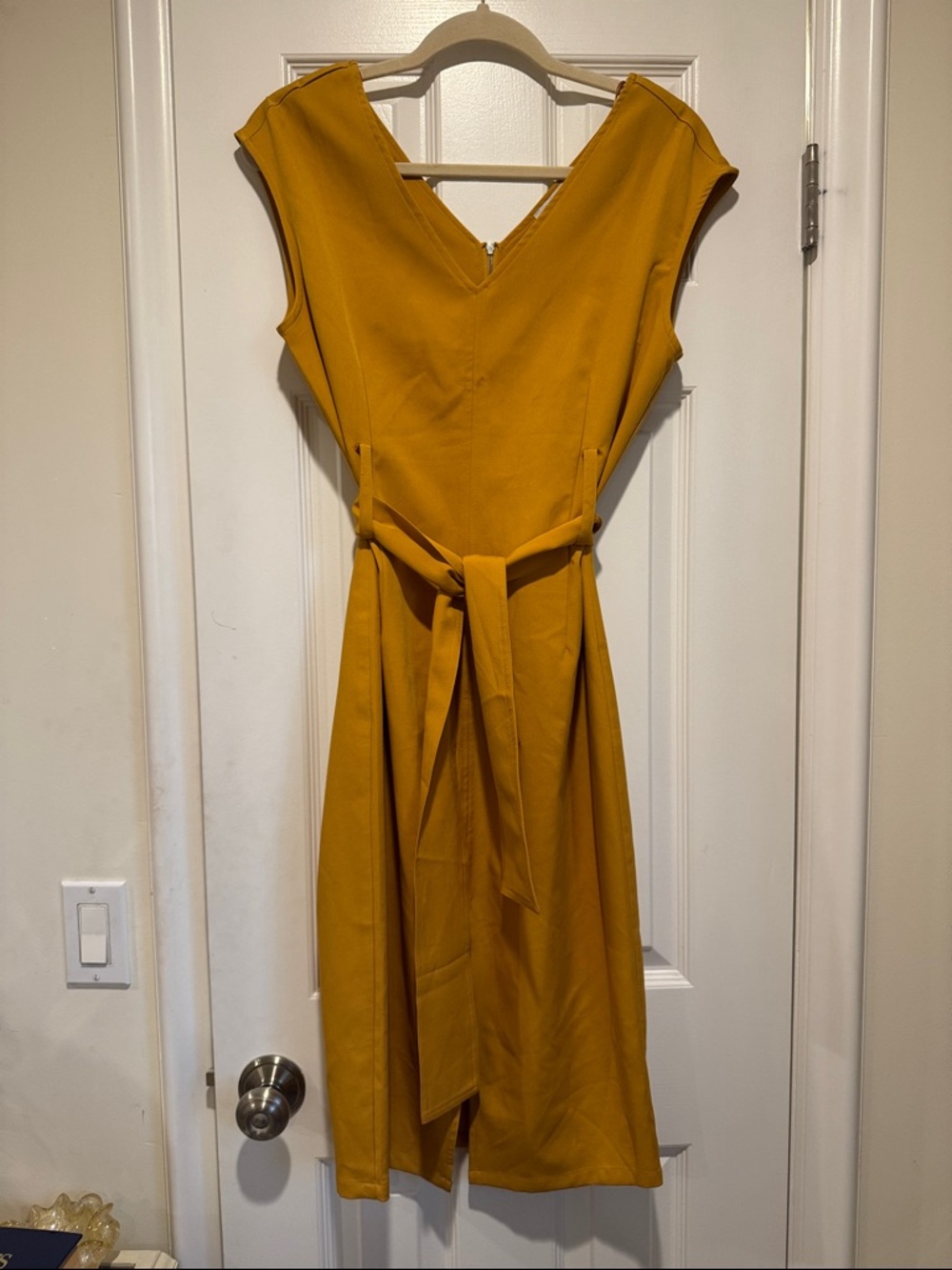 FAVLUX Mustard Yellow V-Neck Midi Dress with Tie Waist